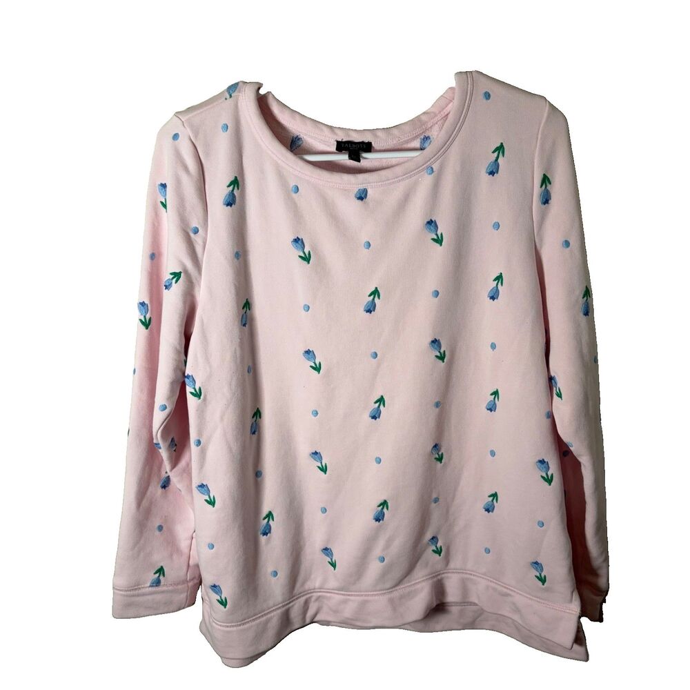 Talbots Sweatshirt Women's Petite large Pink Embroidered Pullover Terry Casual